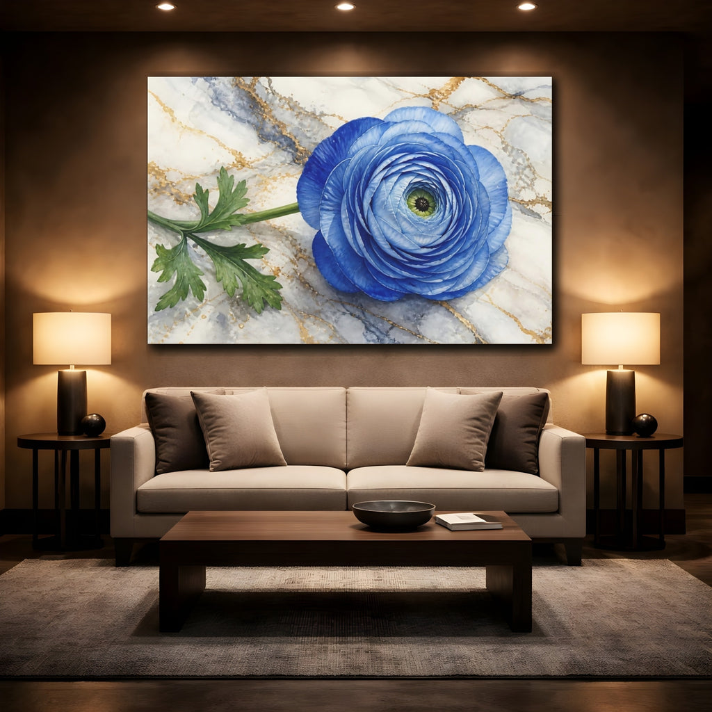 Mockup 2. Floral Blue Ranunculus Blue And Gold shown as stretched canvas wall art