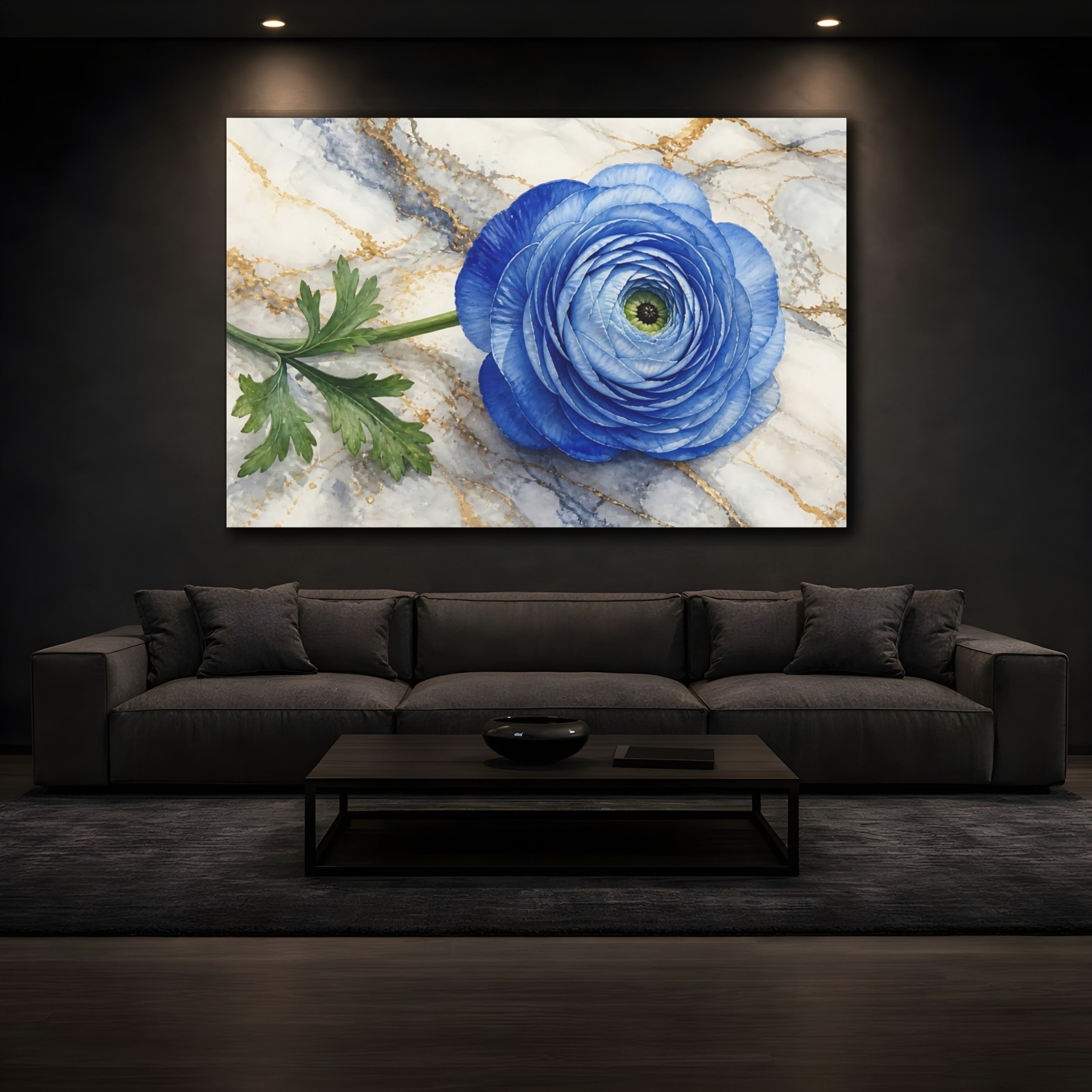 Mockup 3. Floral Blue Ranunculus Blue And Gold shown as stretched canvas wall art