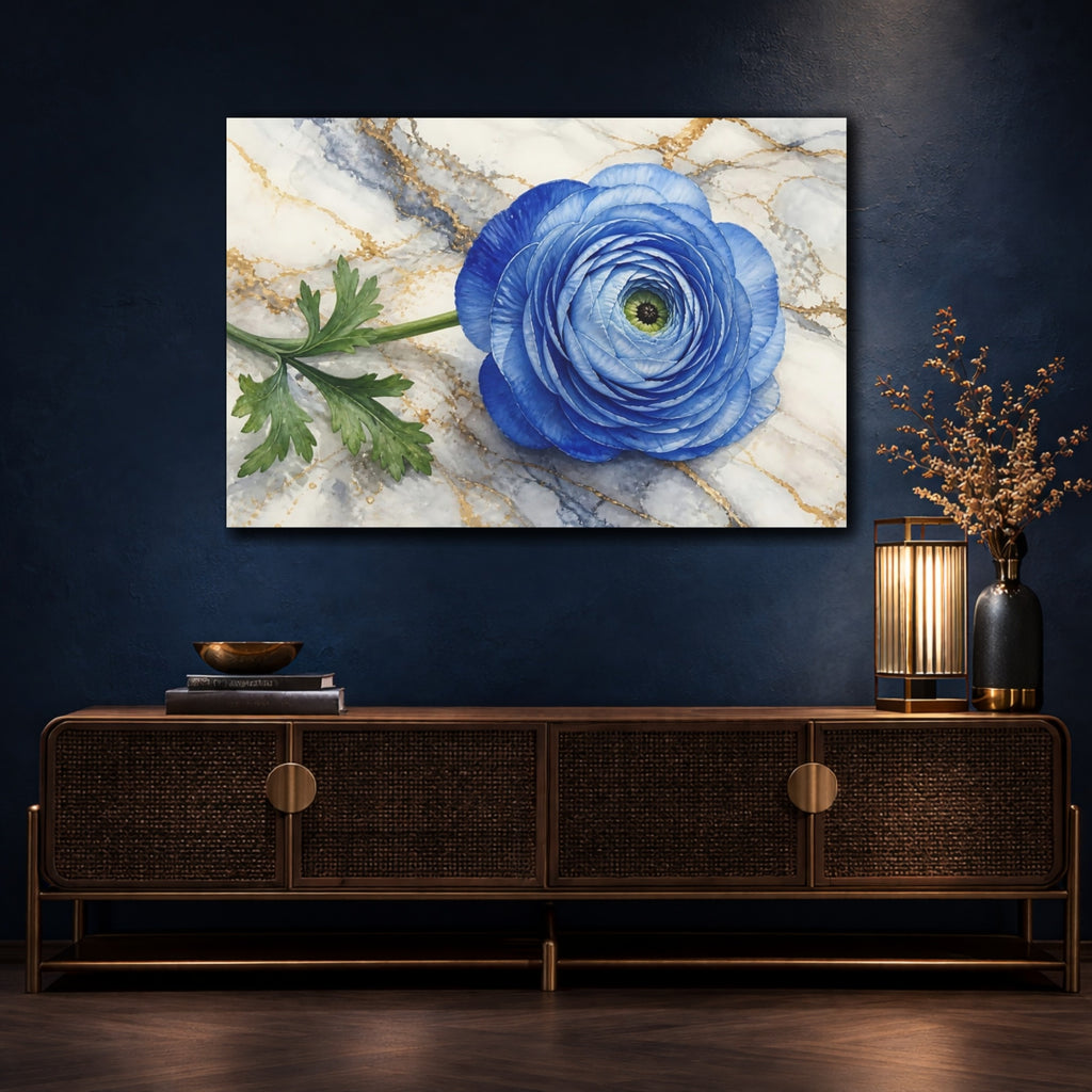 Mockup 4. Floral Blue Ranunculus Blue And Gold shown as stretched canvas wall art