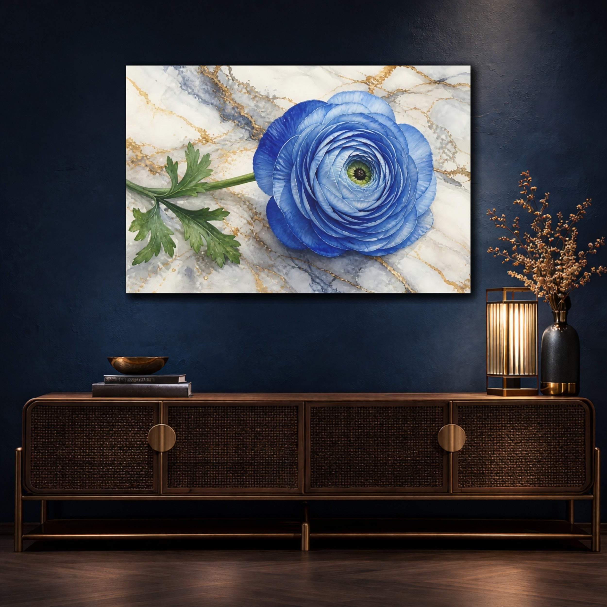 Mockup 4. Floral Blue Ranunculus Blue And Gold shown as stretched canvas wall art