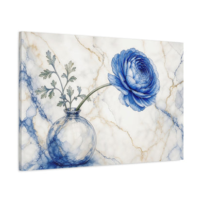 Main Mockup. Floral Blue Ranunculus Blue Ranunculus Marble shown as stretched canvas wall art