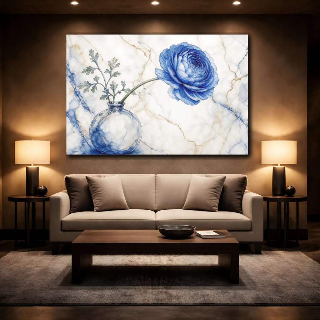 Mockup 2. Floral Blue Ranunculus Blue Ranunculus Marble shown as stretched canvas wall art