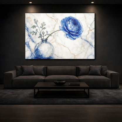 Mockup 3. Floral Blue Ranunculus Blue Ranunculus Marble shown as stretched canvas wall art