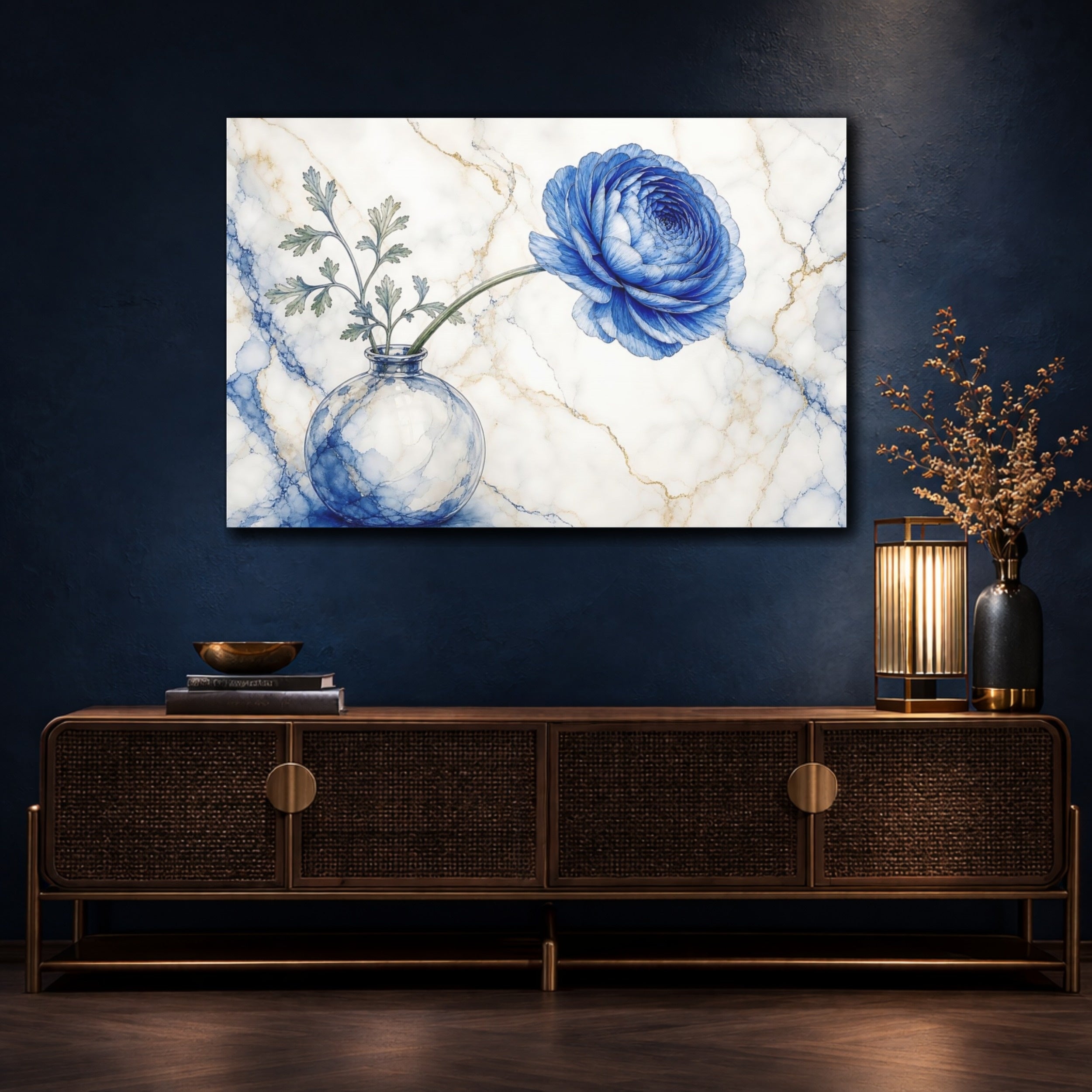 Mockup 4. Floral Blue Ranunculus Blue Ranunculus Marble shown as stretched canvas wall art