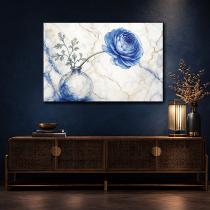 Mockup 4. Floral Blue Ranunculus Blue Ranunculus Marble shown as stretched canvas wall art