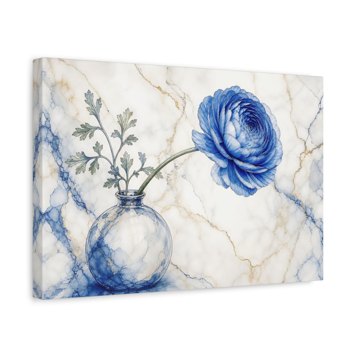 Side Mockup 4. Floral Blue Ranunculus Blue Ranunculus Marble shown as stretched canvas wall art