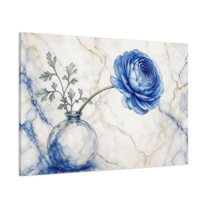 Side Mockup 1. Floral Blue Ranunculus Blue Ranunculus Marble shown as stretched canvas wall art