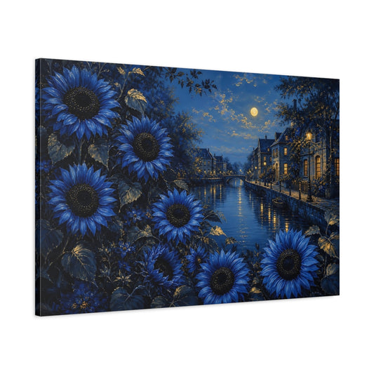 Main Mockup. Floral Blue Sunflowers Blue Night Landscape shown as stretched canvas wall art