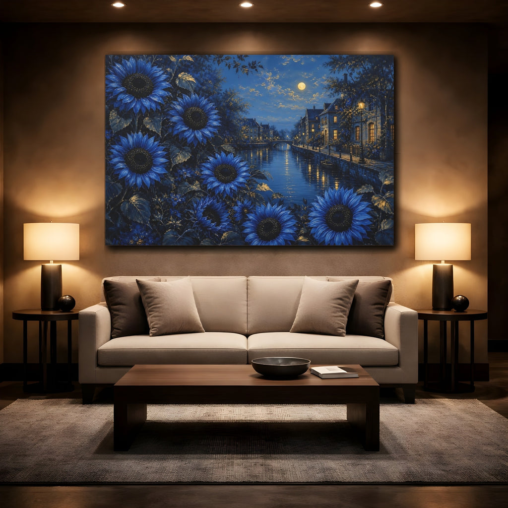 Mockup 2. Floral Blue Sunflowers Blue Night Landscape shown as stretched canvas wall art