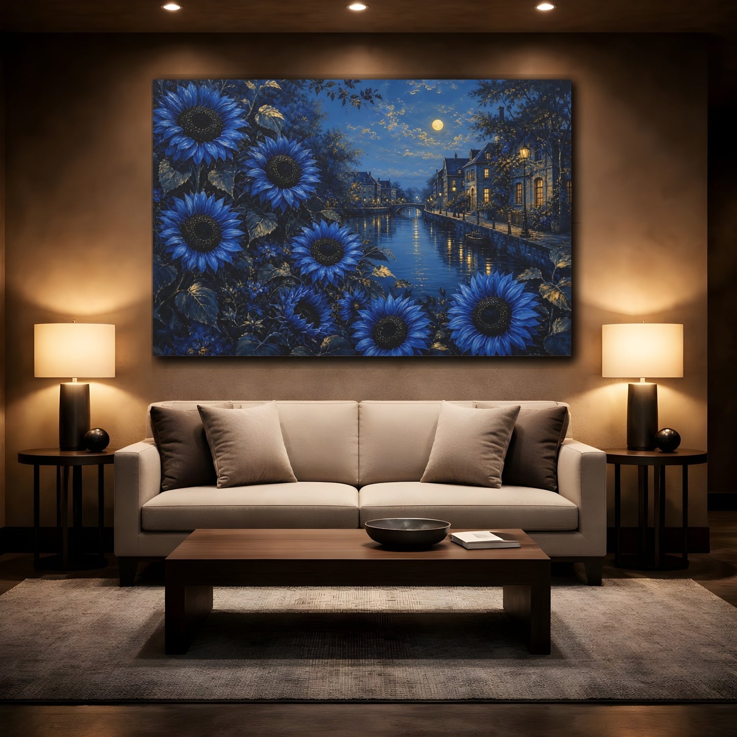 Mockup 2. Floral Blue Sunflowers Blue Night Landscape shown as stretched canvas wall art