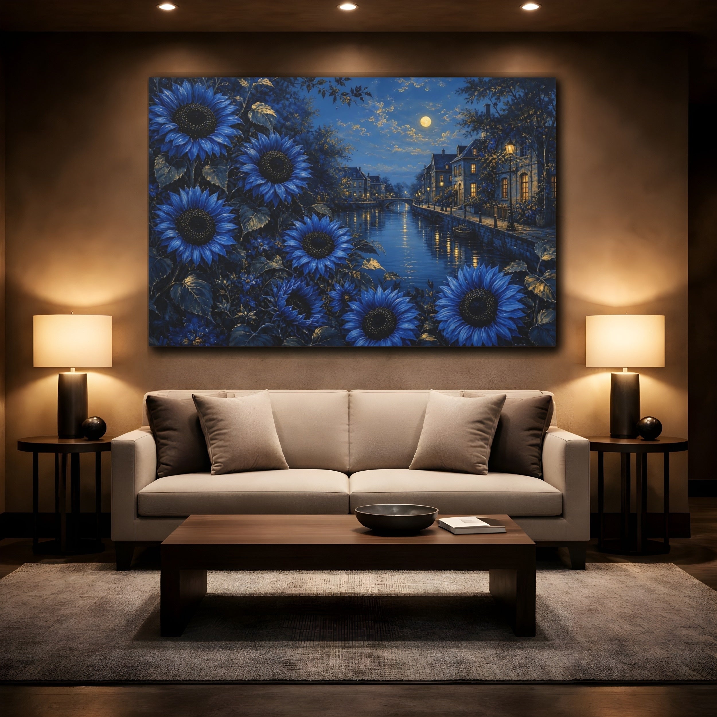 Mockup 2. Floral Blue Sunflowers Blue Night Landscape shown as stretched canvas wall art