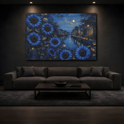 Mockup 3. Floral Blue Sunflowers Blue Night Landscape shown as stretched canvas wall art