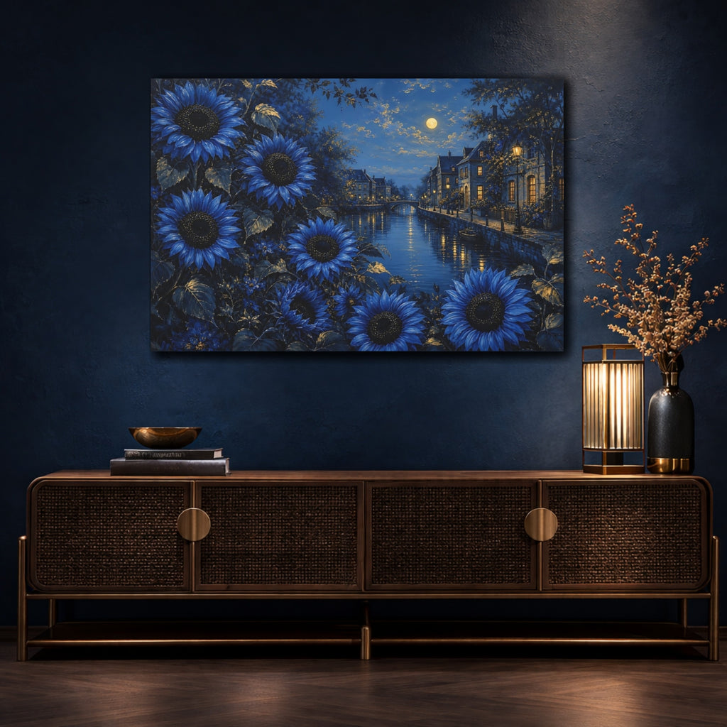 Mockup 4. Floral Blue Sunflowers Blue Night Landscape shown as stretched canvas wall art