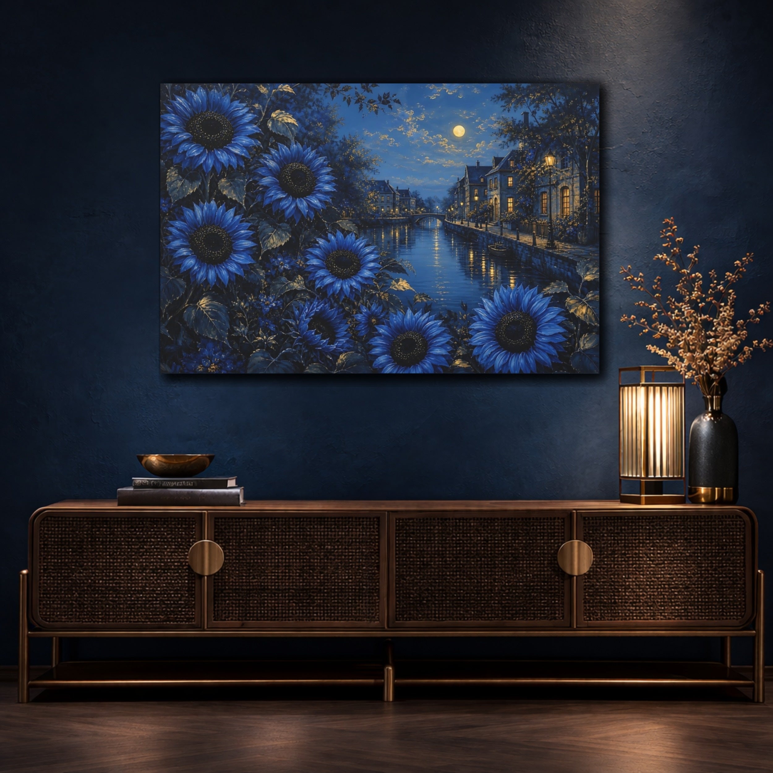 Mockup 4. Floral Blue Sunflowers Blue Night Landscape shown as stretched canvas wall art