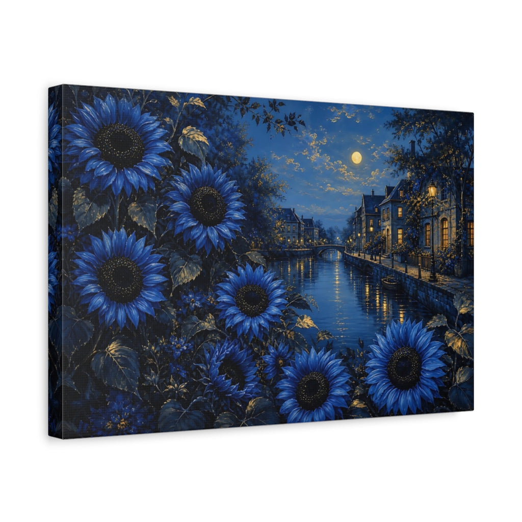 Side Mockup 4. Floral Blue Sunflowers Blue Night Landscape shown as stretched canvas wall art