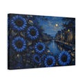 Side Mockup 4. Floral Blue Sunflowers Blue Night Landscape shown as stretched canvas wall art