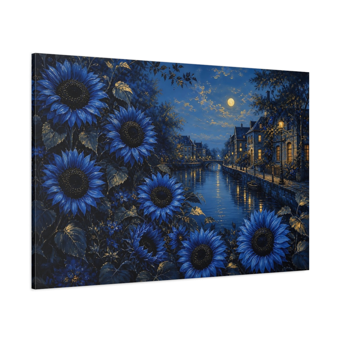 Side Mockup 1. Floral Blue Sunflowers Blue Night Landscape shown as stretched canvas wall art