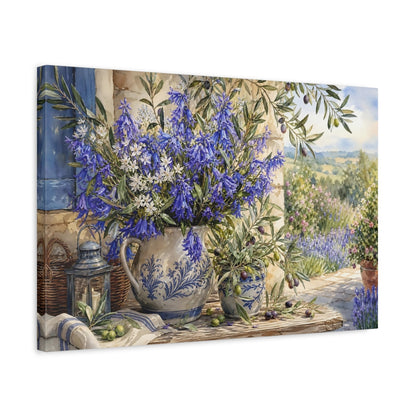 Side Mockup 3. Floral Bluebell Bouquet Blue Floral Art shown as stretched canvas wall art