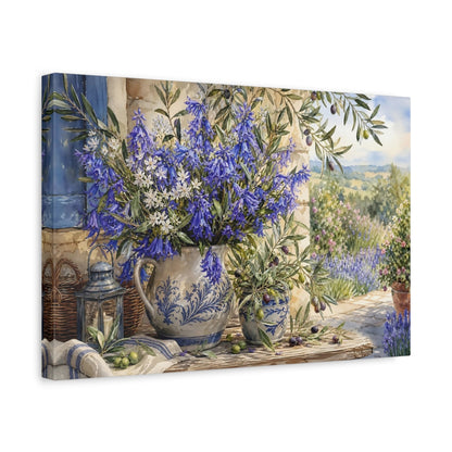 Side Mockup 4. Floral Bluebell Bouquet Blue Floral Art shown as stretched canvas wall art