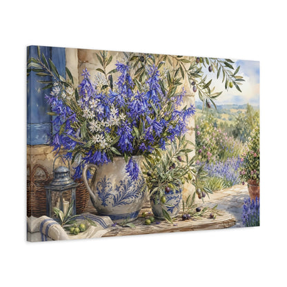 Side Mockup 2. Floral Bluebell Bouquet Blue Floral Art shown as stretched canvas wall art
