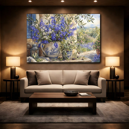 Mockup 2. Floral Bluebell Bouquet Blue Floral Art shown as stretched canvas wall art