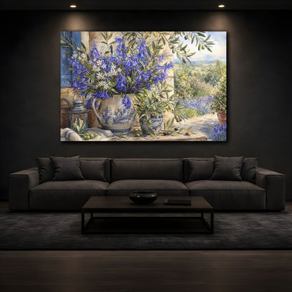 Mockup 3. Floral Bluebell Bouquet Blue Floral Art shown as stretched canvas wall art