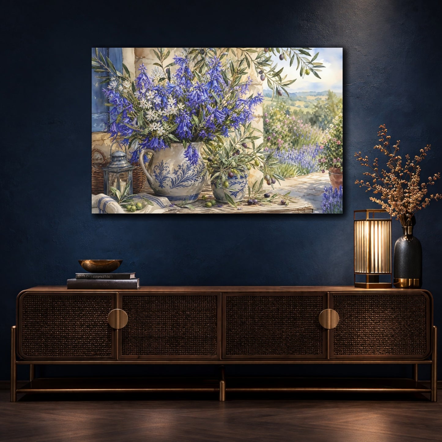 Mockup 4. Floral Bluebell Bouquet Blue Floral Art shown as stretched canvas wall art