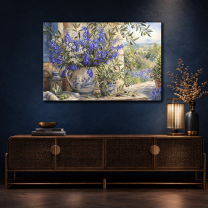 Mockup 4. Floral Bluebell Bouquet Blue Floral Art shown as stretched canvas wall art