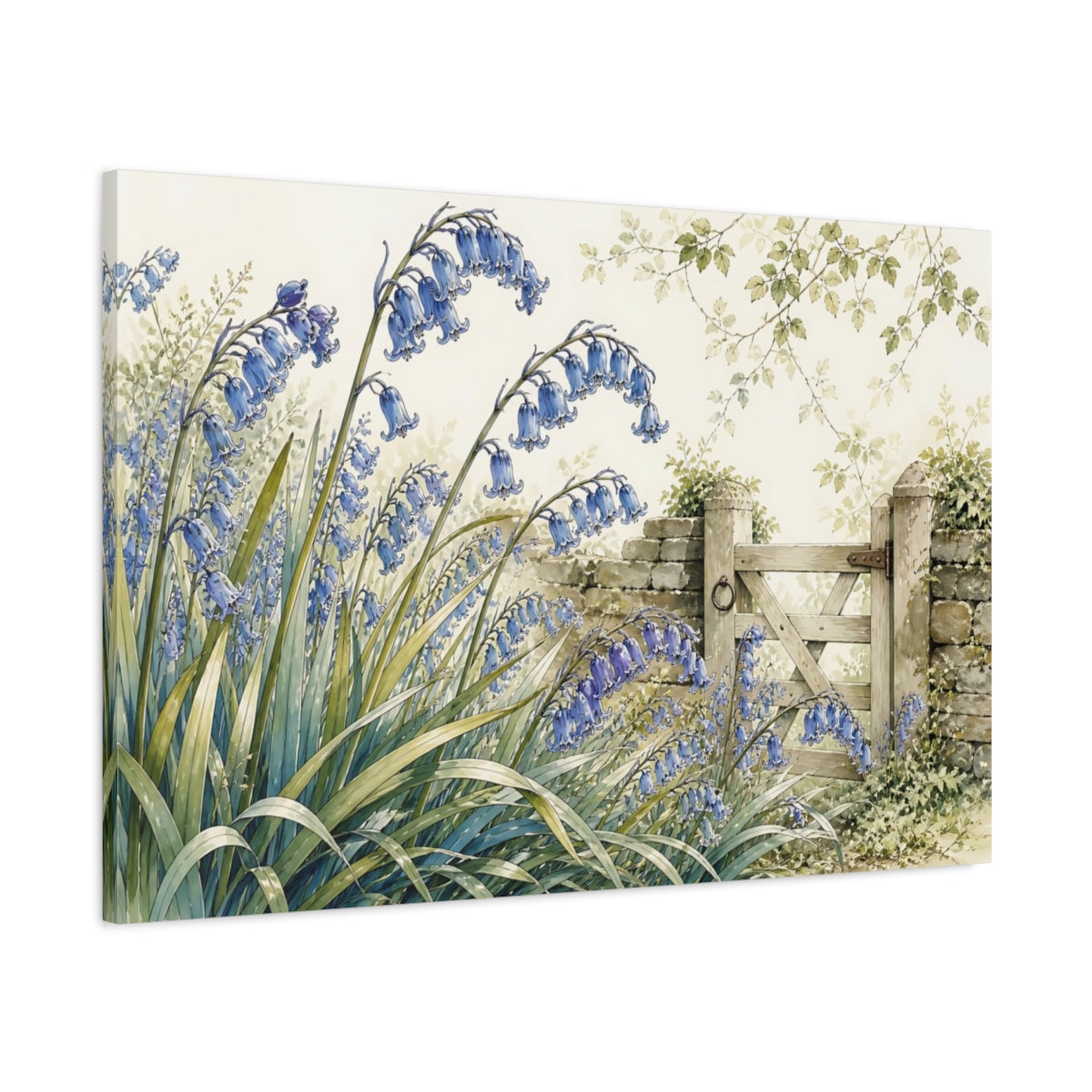 Main Mockup. Floral Bluebells Blue And Green shown as stretched canvas wall art