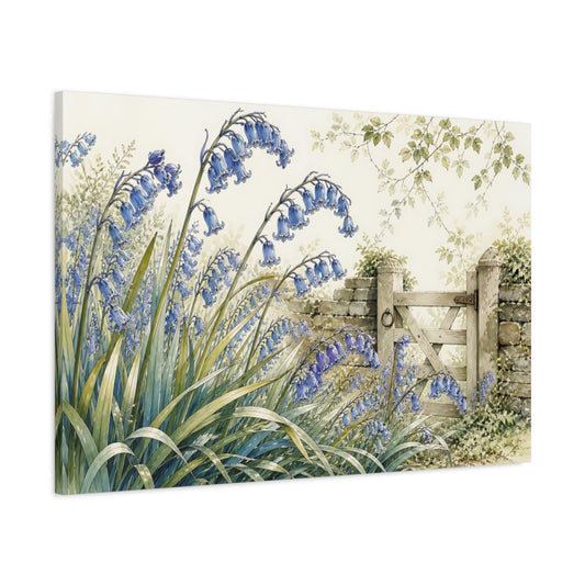 Main Mockup. Floral Bluebells Blue And Green shown as stretched canvas wall art