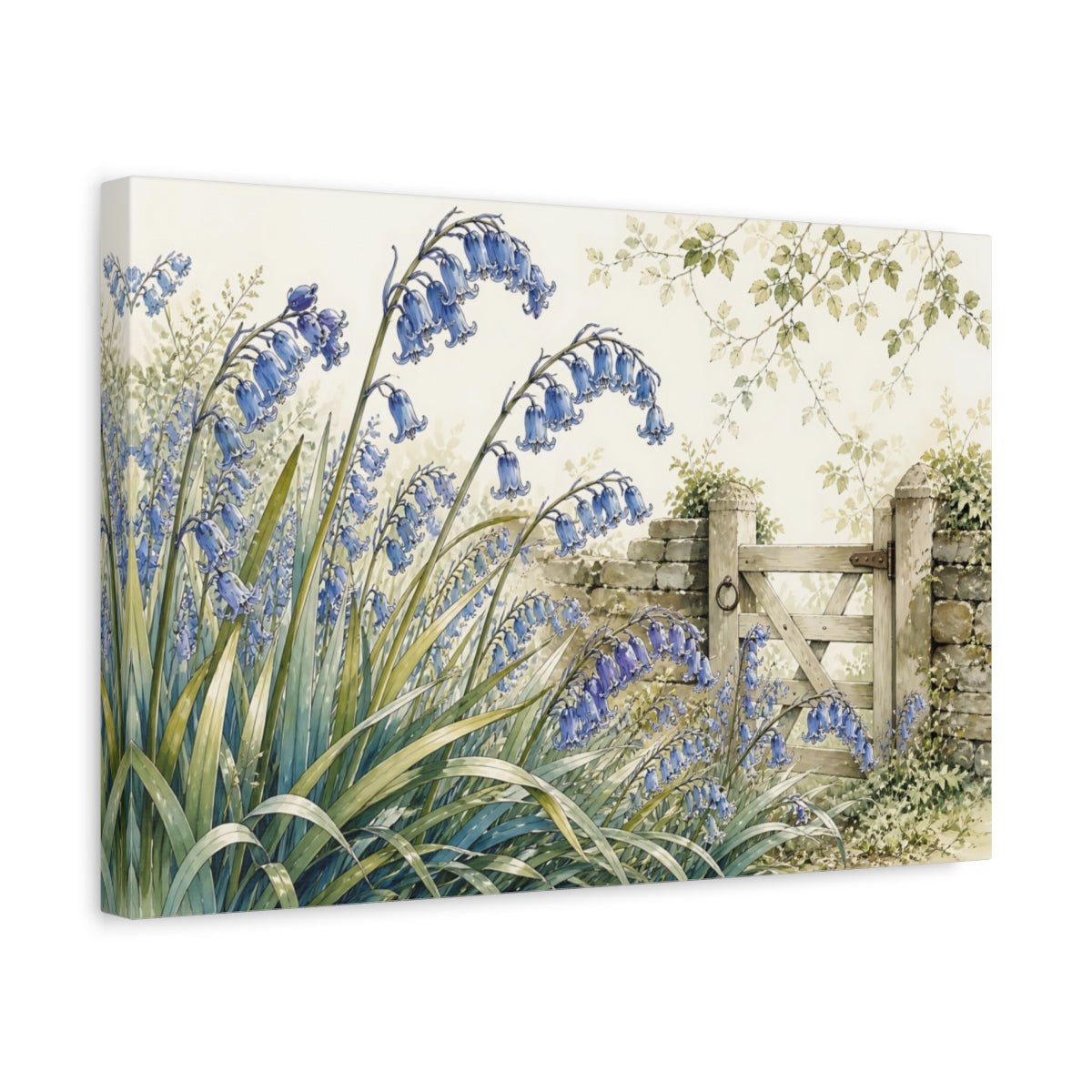 Side Mockup 4. Floral Bluebells Blue And Green shown as stretched canvas wall art