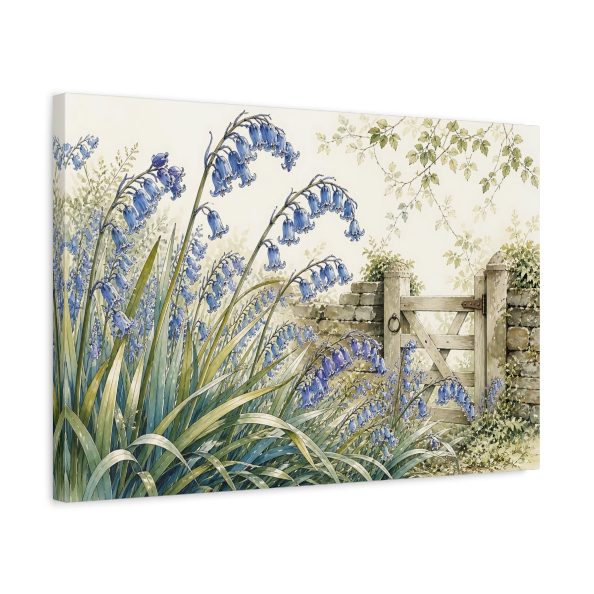 Side Mockup 3. Floral Bluebells Blue And Green shown as stretched canvas wall art