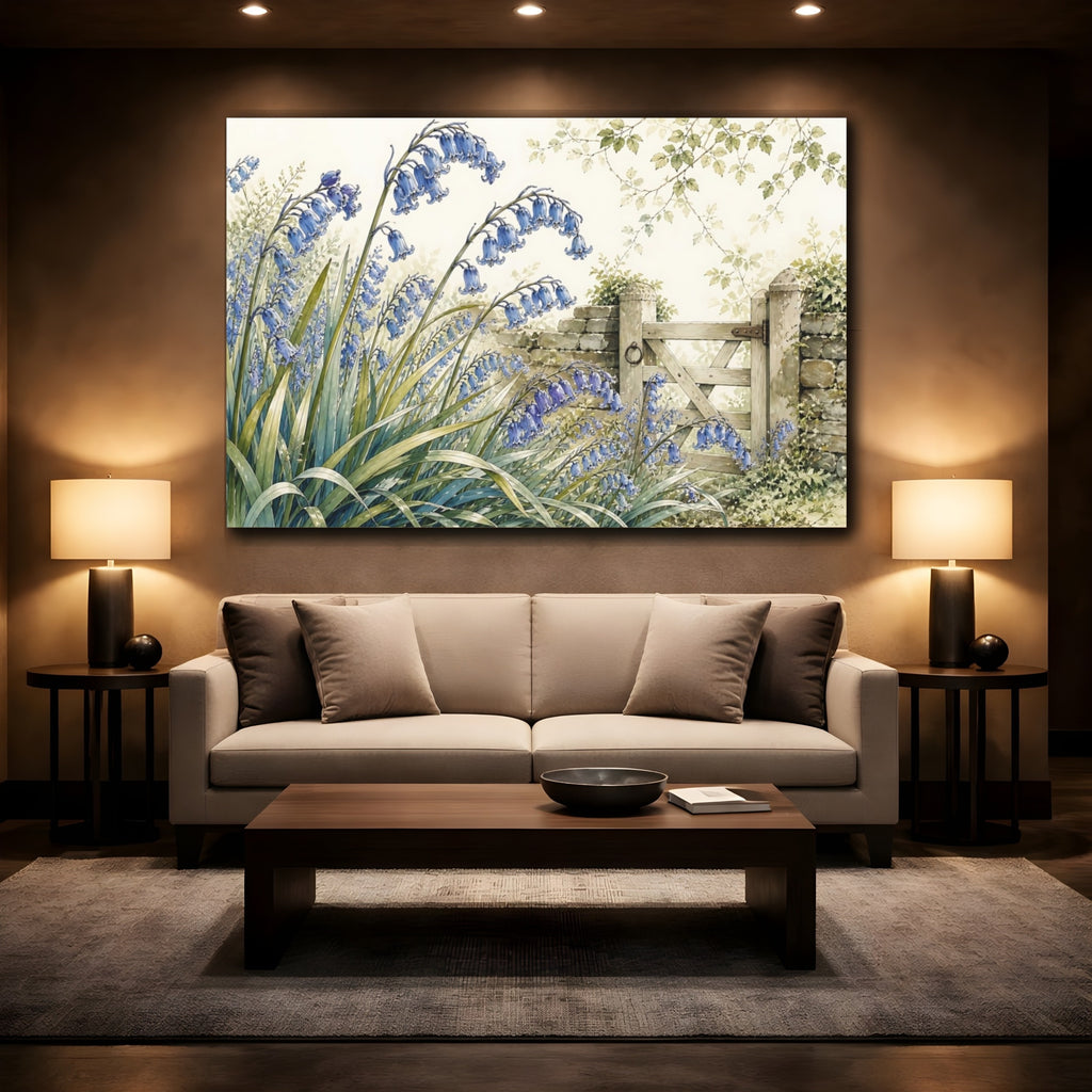 Mockup 2. Floral Bluebells Blue And Green shown as stretched canvas wall art
