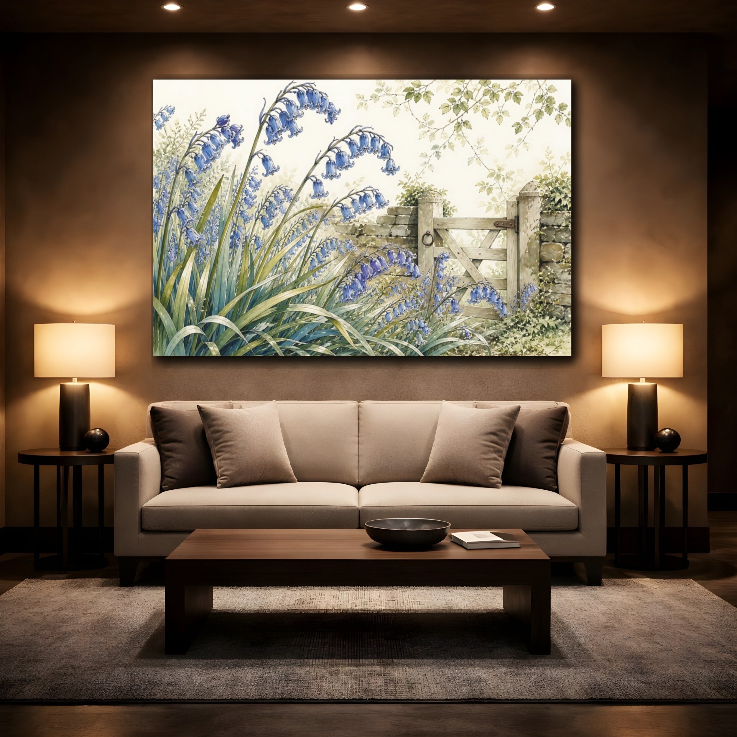Mockup 2. Floral Bluebells Blue And Green shown as stretched canvas wall art