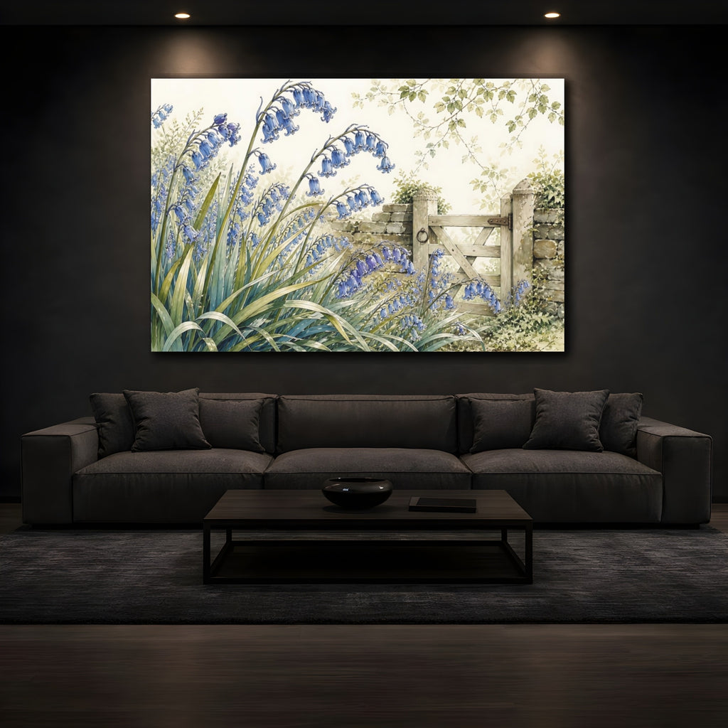 Mockup 3. Floral Bluebells Blue And Green shown as stretched canvas wall art