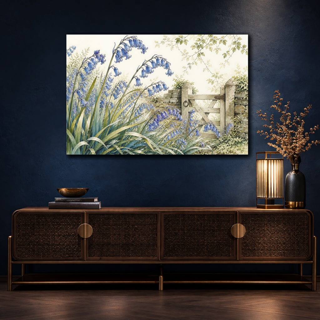 Mockup 4. Floral Bluebells Blue And Green shown as stretched canvas wall art