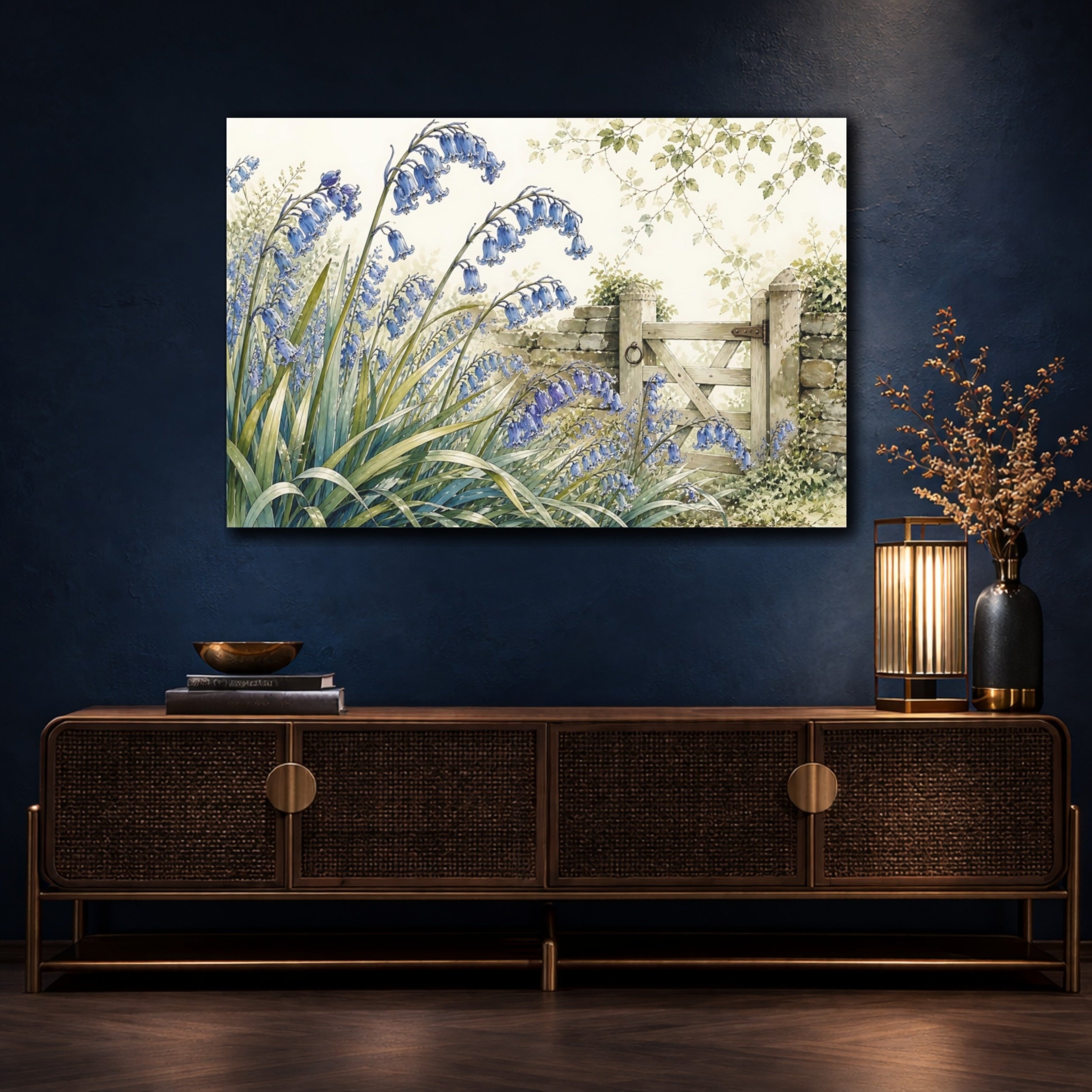 Mockup 4. Floral Bluebells Blue And Green shown as stretched canvas wall art