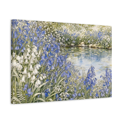 Side Mockup 3. Floral Bluebells Blue And White Floral shown as stretched canvas wall art
