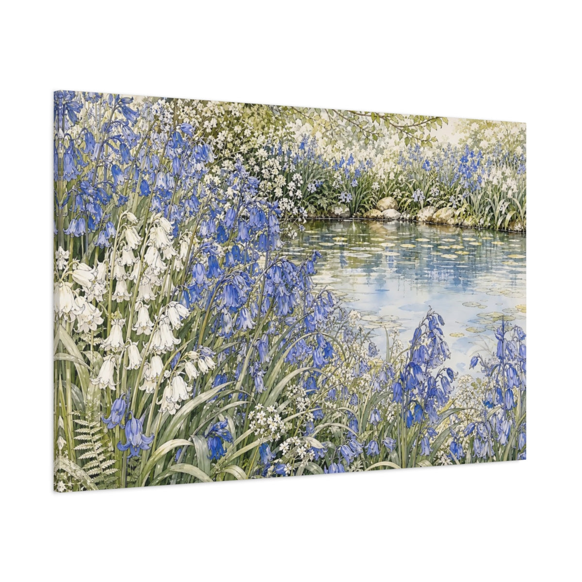Side Mockup 1. Floral Bluebells Blue And White Floral shown as stretched canvas wall art