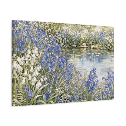 Side Mockup 2. Floral Bluebells Blue And White Floral shown as stretched canvas wall art