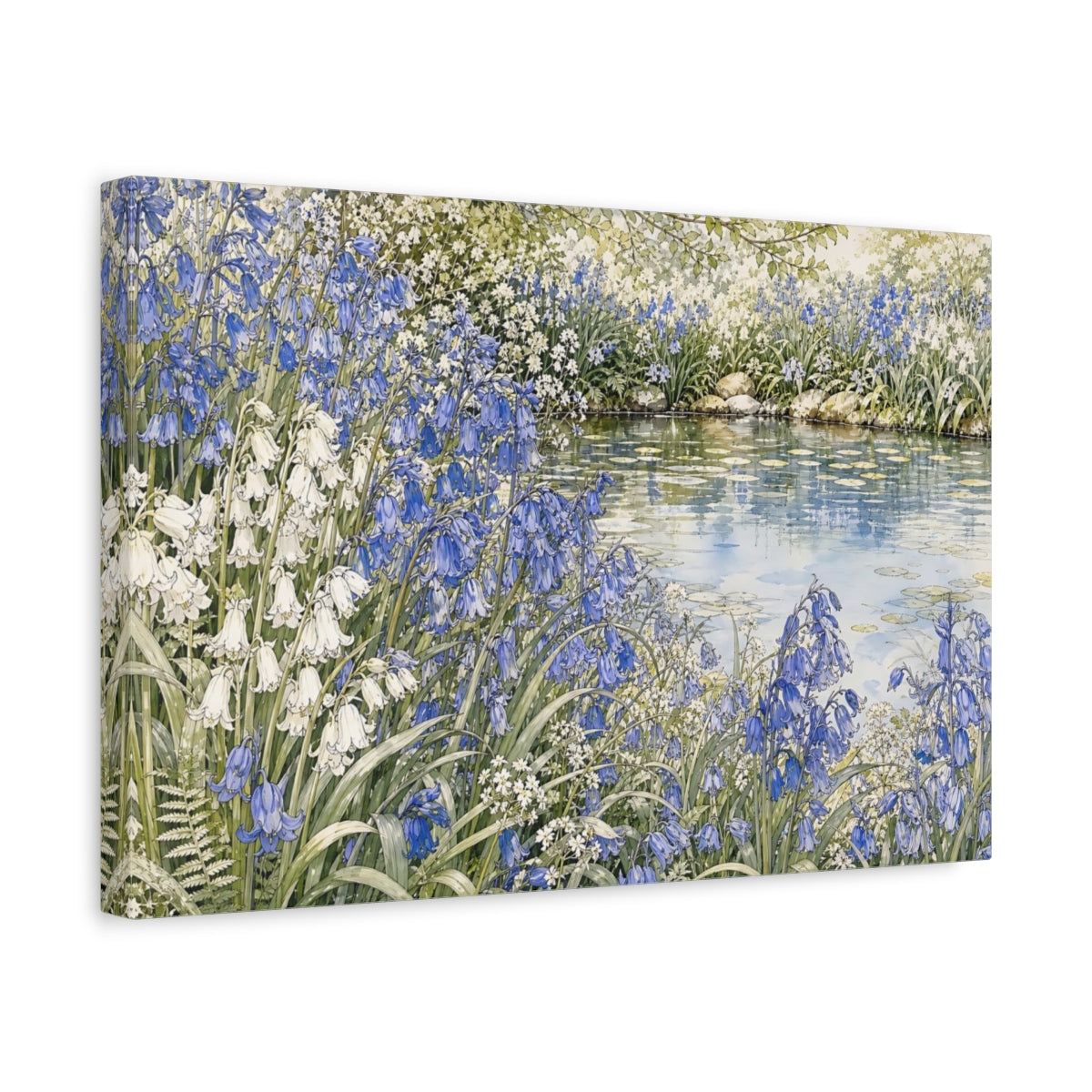 Side Mockup 4. Floral Bluebells Blue And White Floral shown as stretched canvas wall art