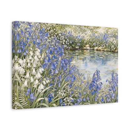 Side Mockup 4. Floral Bluebells Blue And White Floral shown as stretched canvas wall art