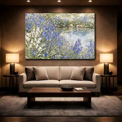 Mockup 2. Floral Bluebells Blue And White Floral shown as stretched canvas wall art