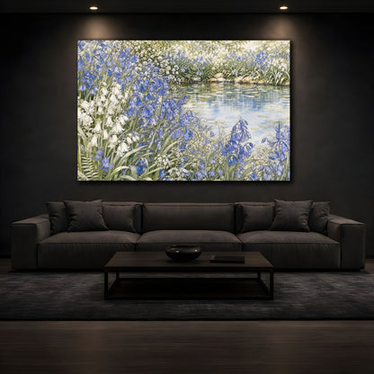 Mockup 3. Floral Bluebells Blue And White Floral shown as stretched canvas wall art