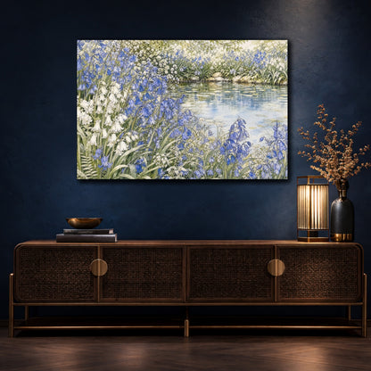 Mockup 4. Floral Bluebells Blue And White Floral shown as stretched canvas wall art