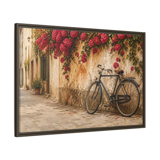 Main Mockup. Floral Bougainvillea Bicycle Pink Bougainvillea shown as stretched canvas wall art