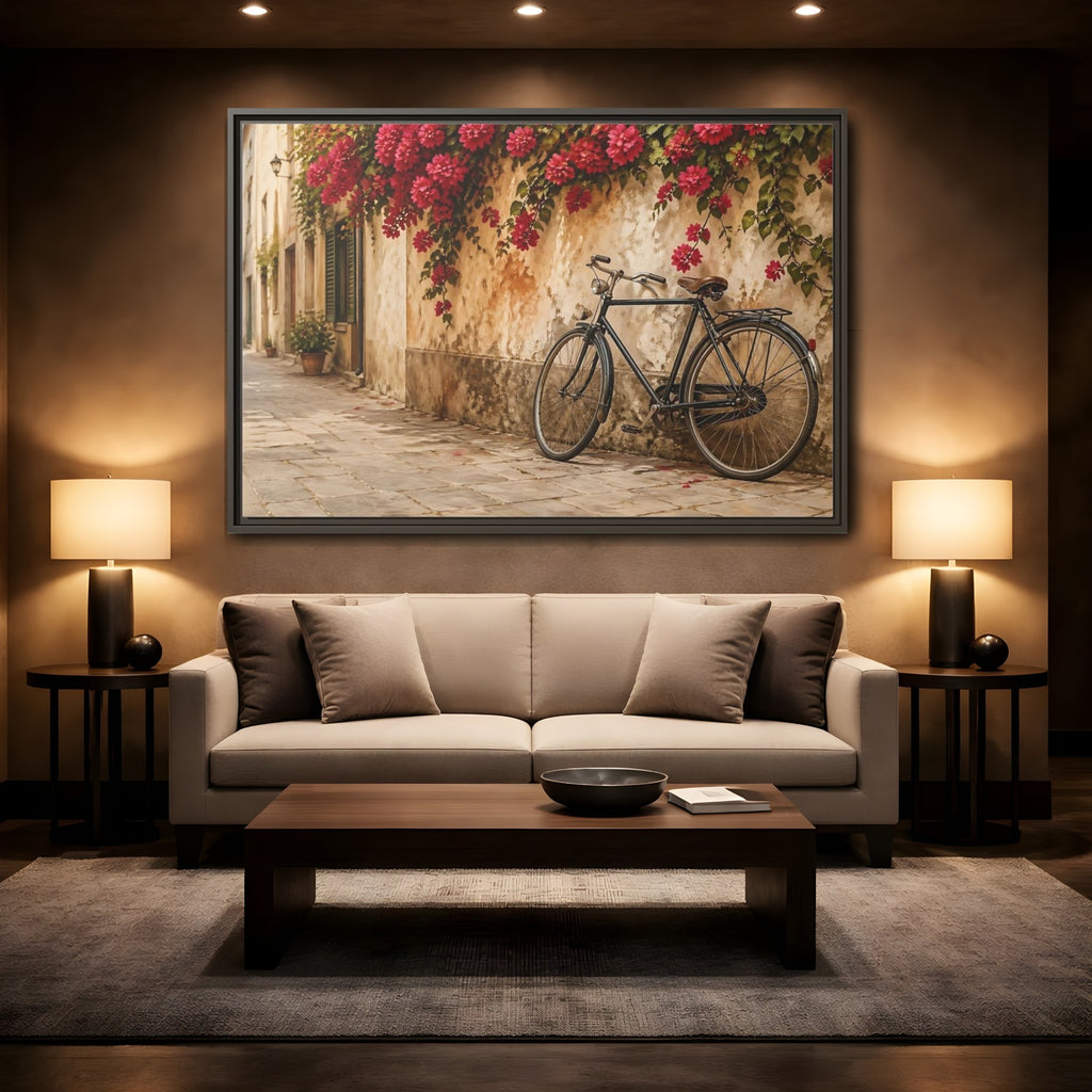 Mockup 2. Floral Bougainvillea Bicycle Pink Bougainvillea shown as stretched canvas wall art