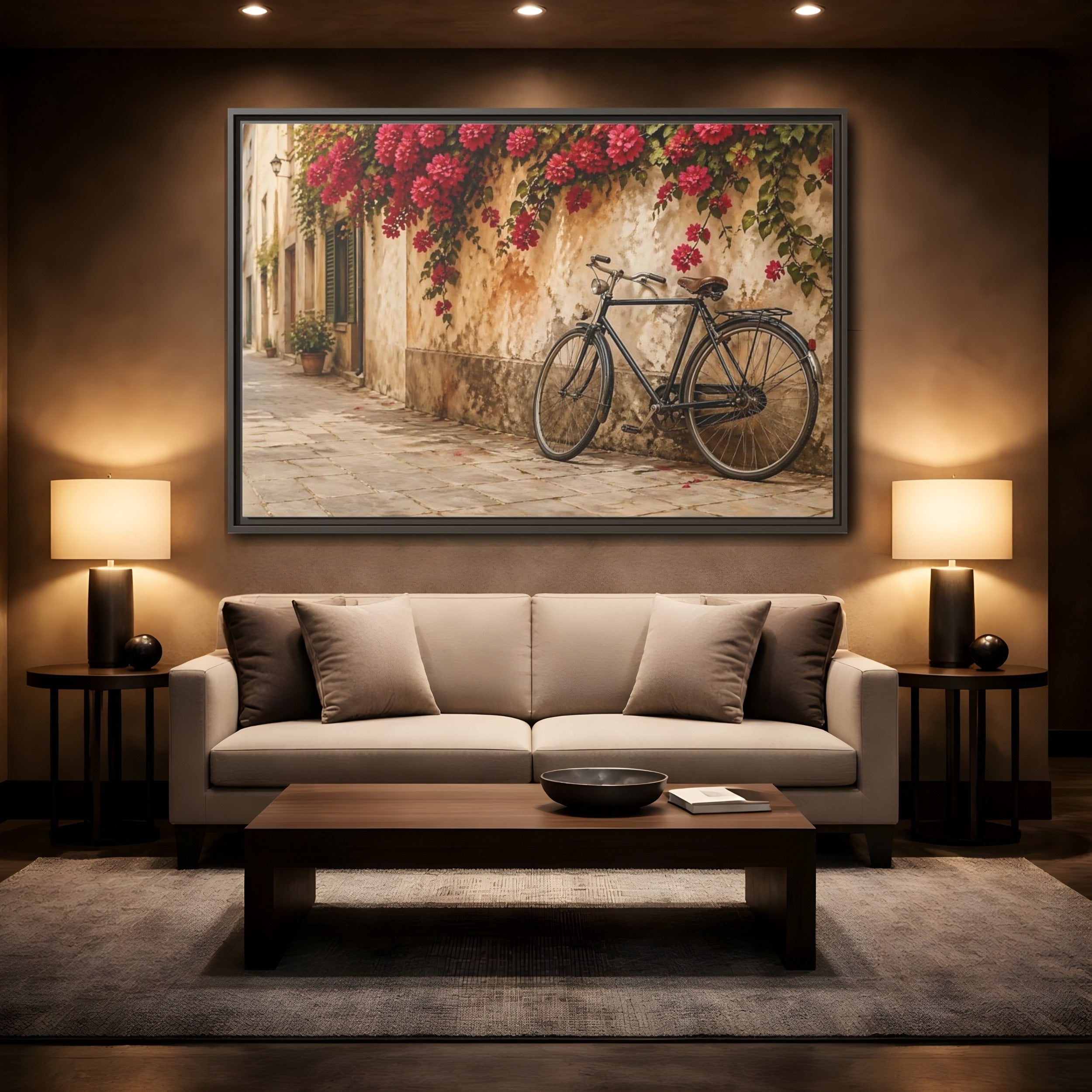 Mockup 2. Floral Bougainvillea Bicycle Pink Bougainvillea shown as stretched canvas wall art