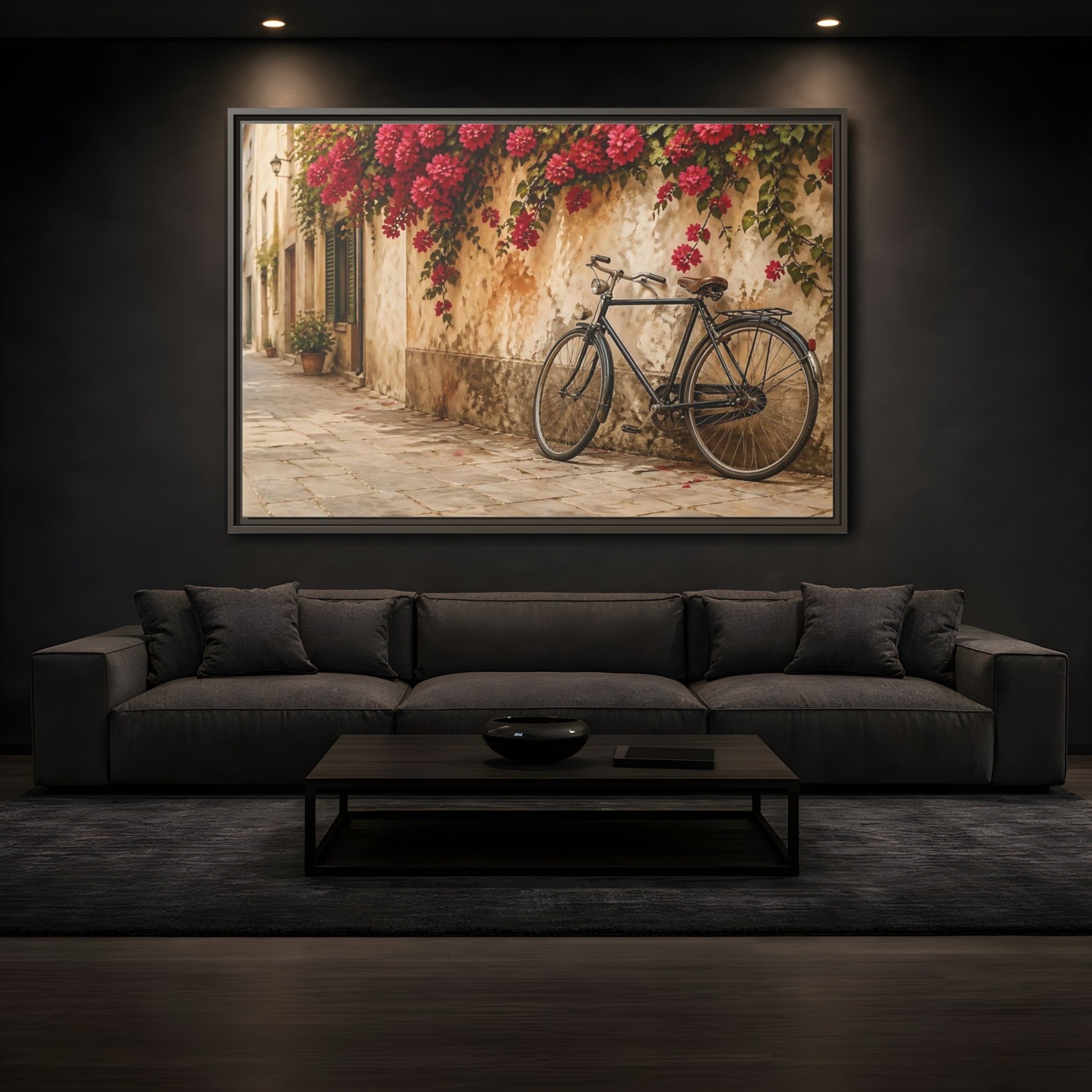 Mockup 3. Floral Bougainvillea Bicycle Pink Bougainvillea shown as stretched canvas wall art