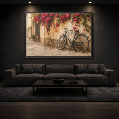 Mockup 3. Floral Bougainvillea Bicycle Pink Bougainvillea shown as stretched canvas wall art